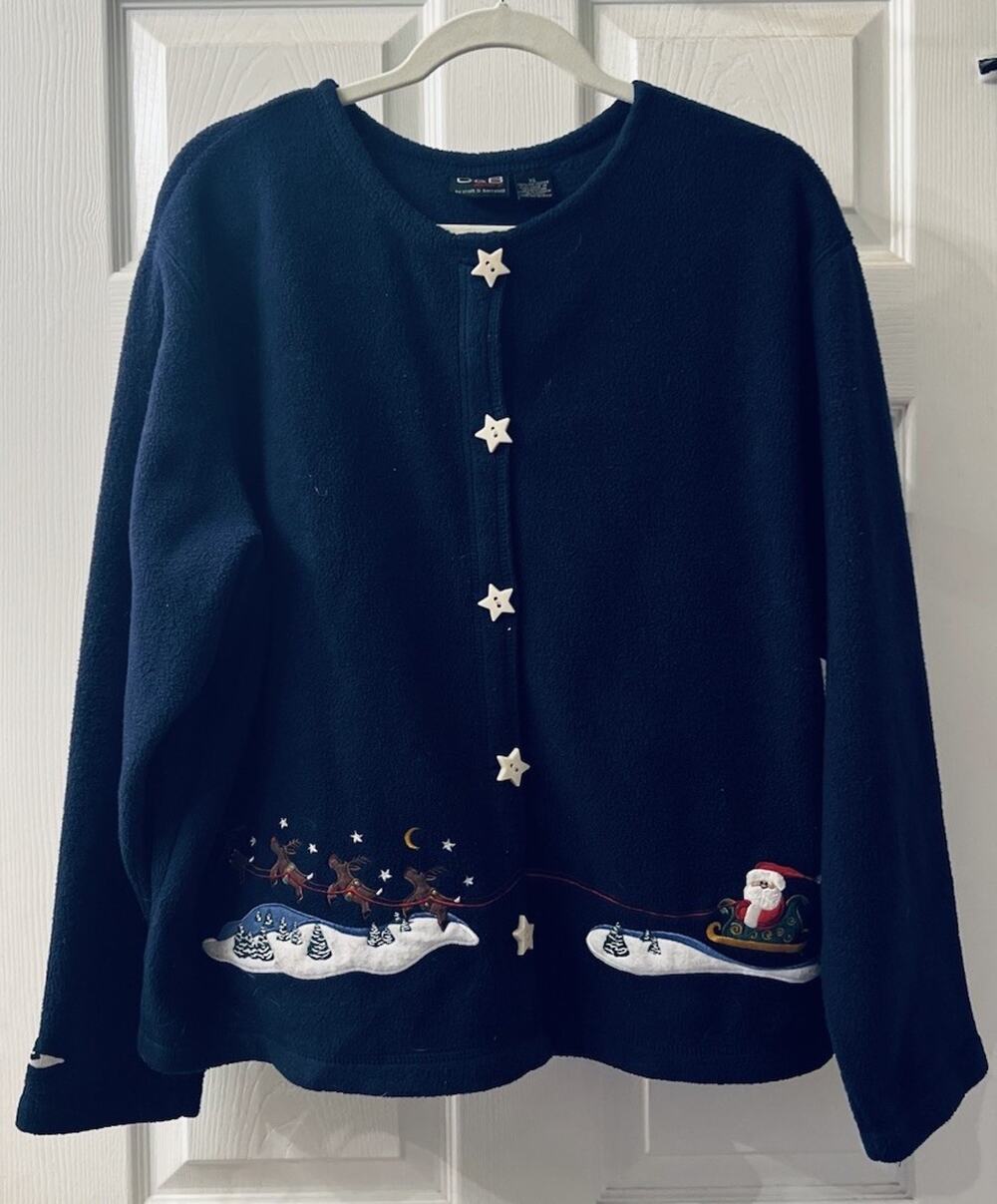 Croft & Barrow Christmas Fleece Cardigan Embroidered Star Holiday Buttons L